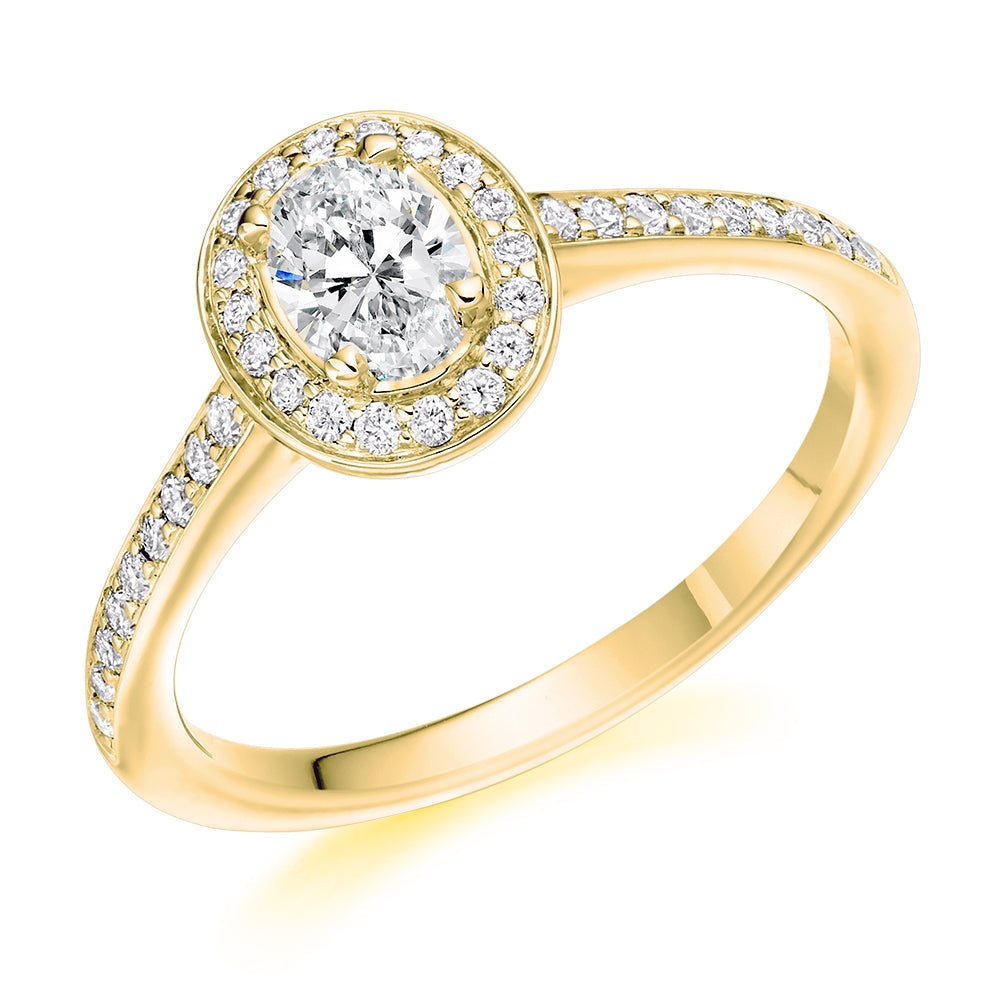 Pavé-Shoulder Halo Oval-Cut Engagement Ring, 0.3ct in Yellow Gold