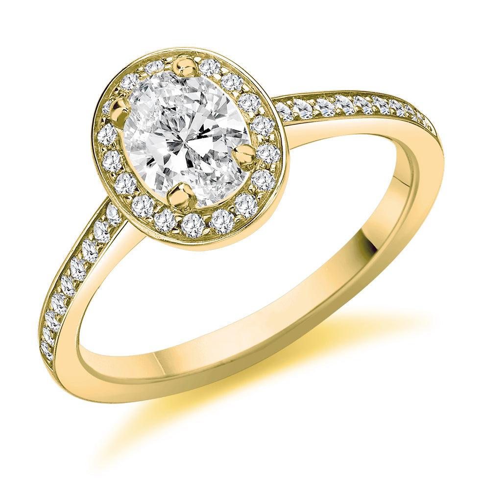 Pavé-Shoulder Halo Oval-Cut Engagement Ring, 0.5ct in Yellow Gold