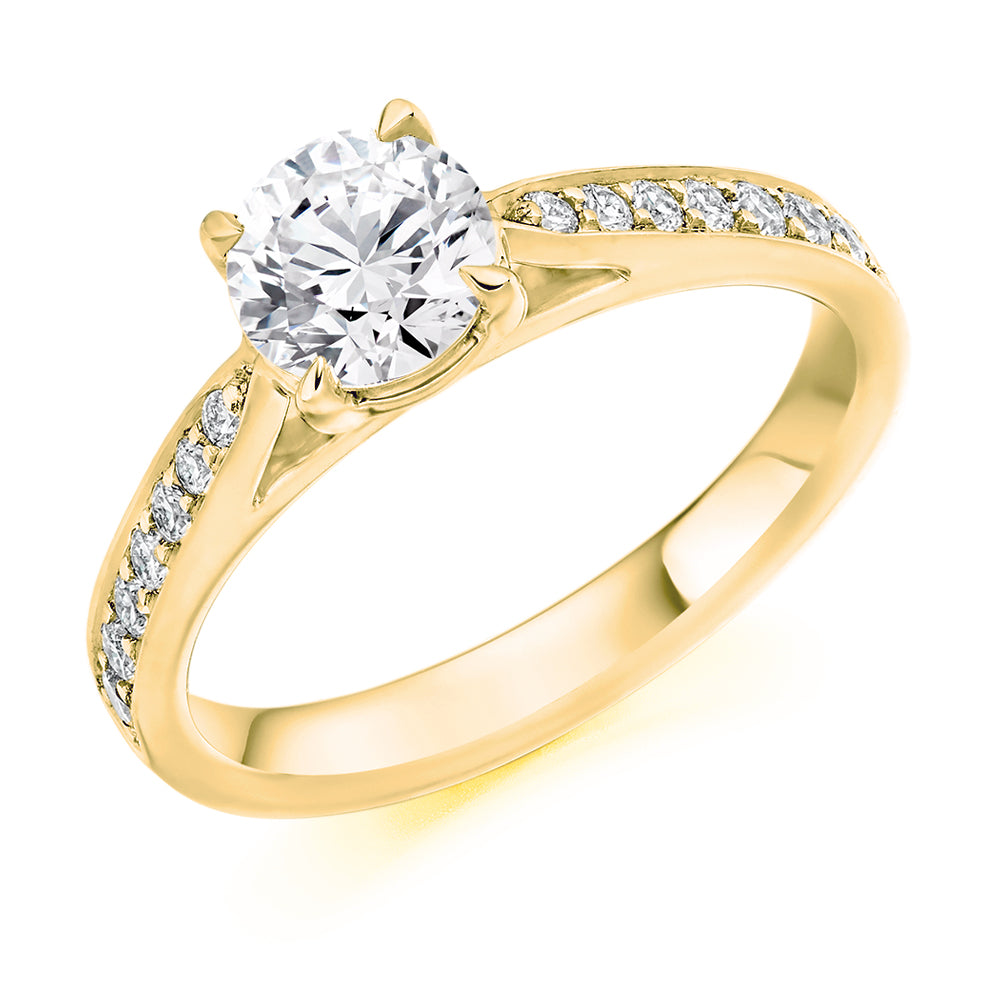 Pavé-Shouldered Solitaire Round Brilliant Engagement Ring 0.9ct/1.2ct in Yellow Gold