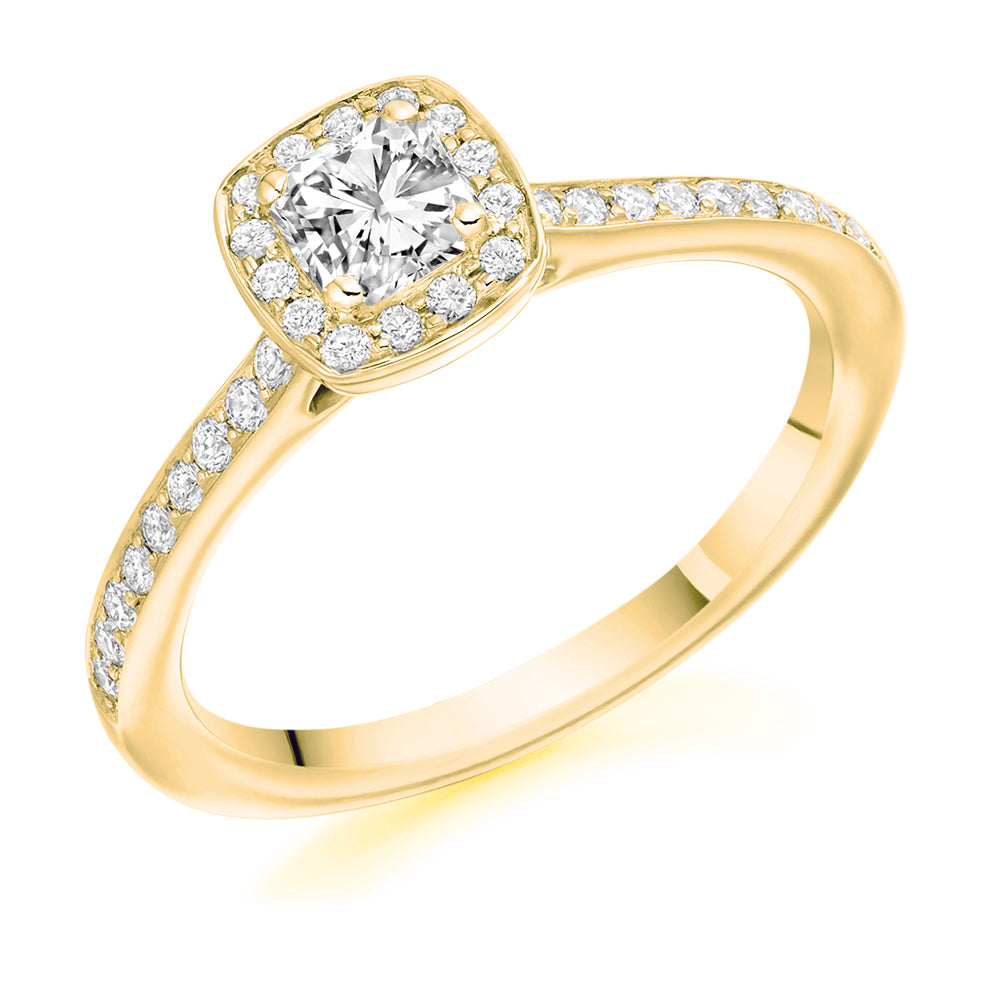 Pavé-Shoulder Halo Cushion-Cut Engagement Ring, 0.25ct in Yellow Gold