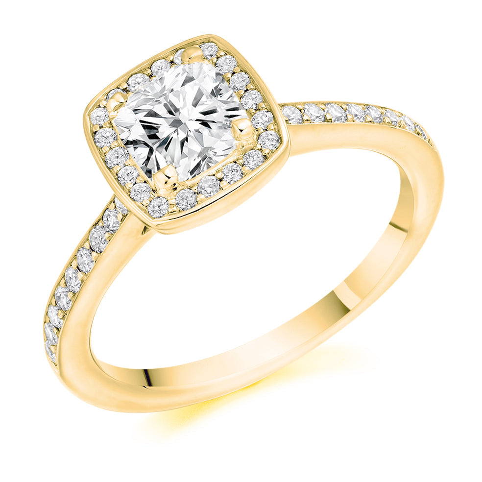 Pavé-Shoulder Halo Cushion-Cut Engagement Ring, 0.75ct in Yellow Gold