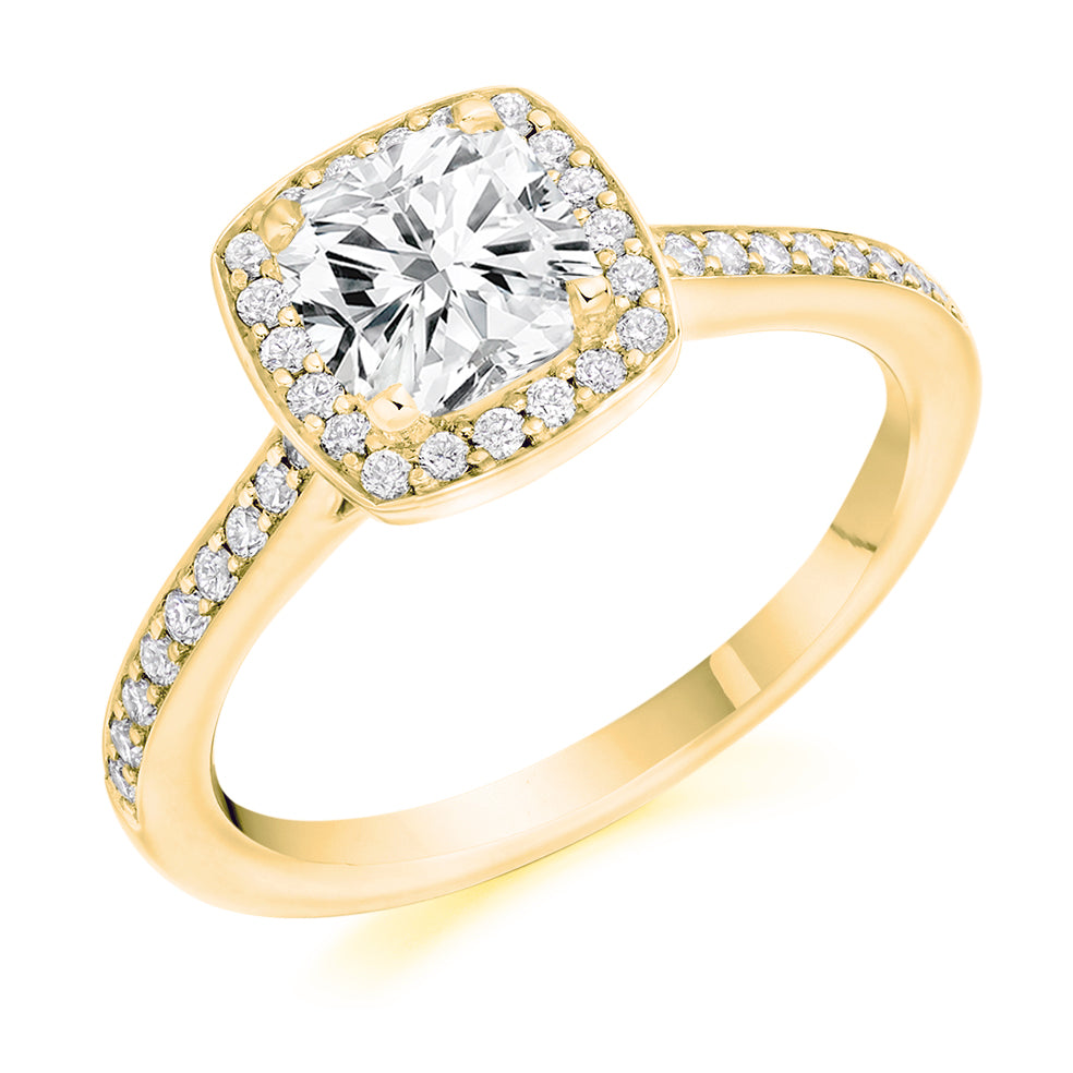 Pavé-Shoulder Halo Cushion-Cut Engagement Ring, 1.0ct in Yellow Gold