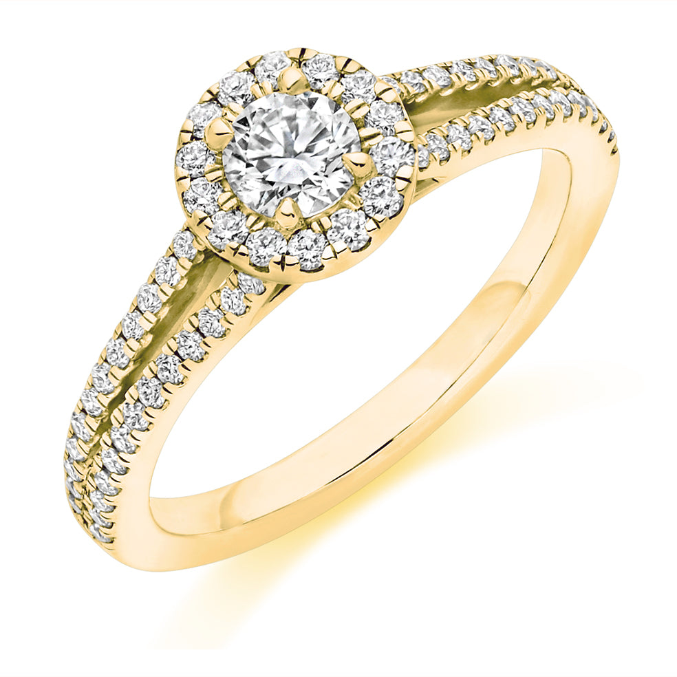 Split-Shoulder Halo Round Brilliant Engagement Ring, 0.33ct in Yellow Gold