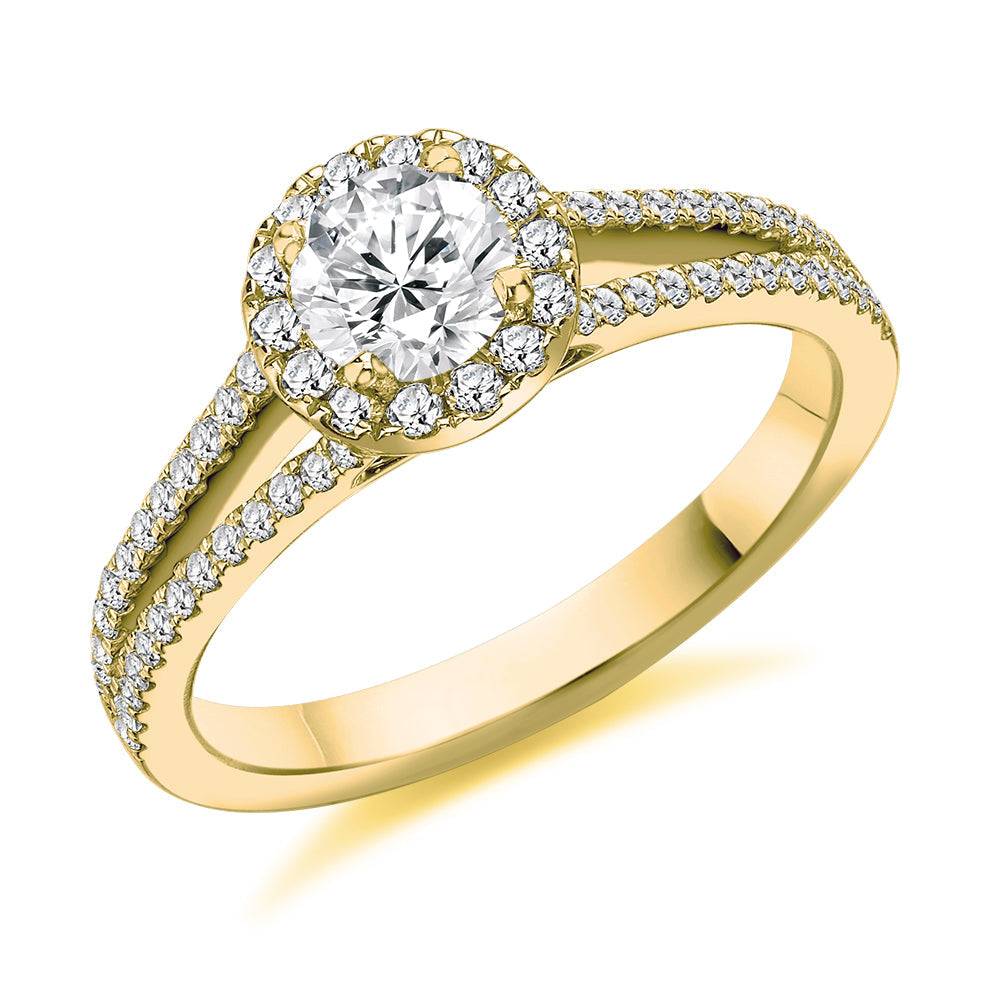 Curved-Shoulder Halo Round Brilliant Engagement Ring, 0.5ct in Yellow Gold