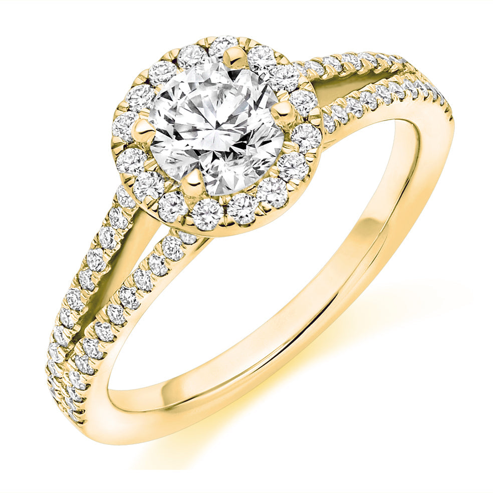 Halo with Split Shoulders Round Brilliant Engagement Ring, 0.75ct in Yellow Gold