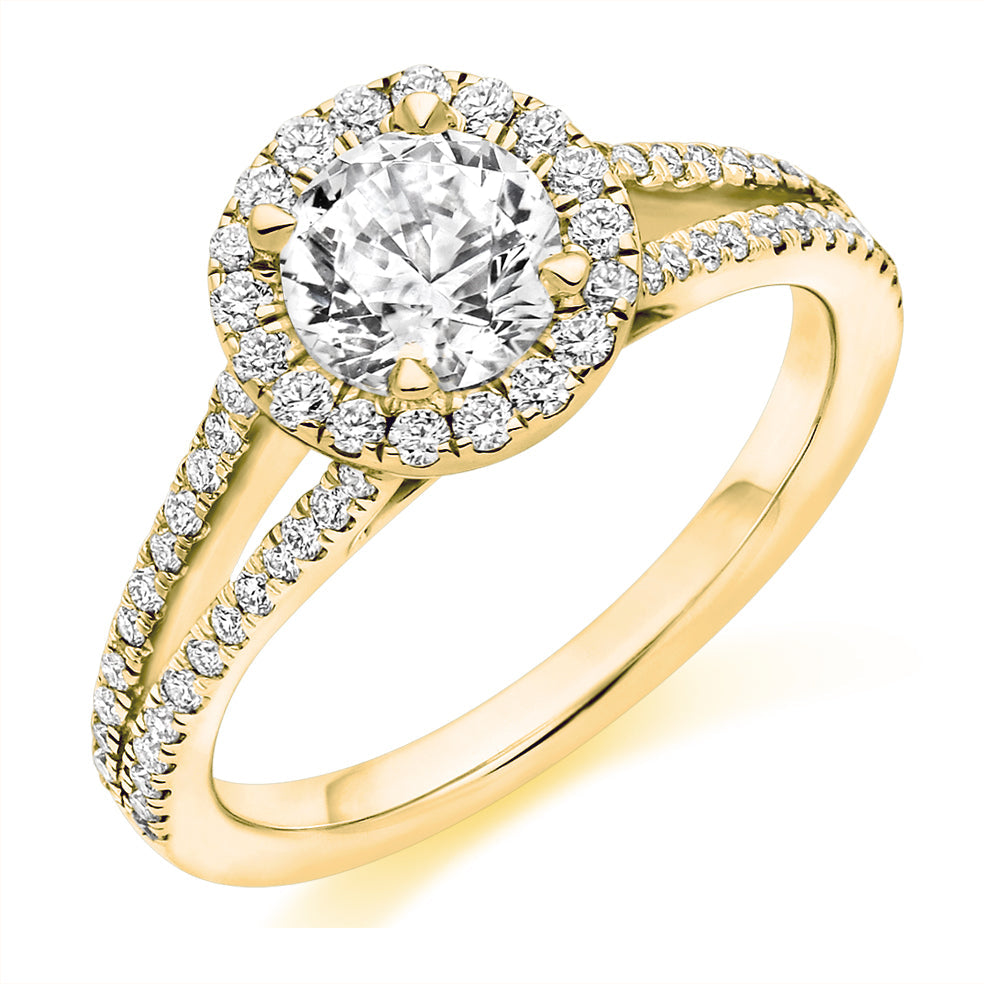 Split-Shoulder Halo Round Brilliant Engagement Ring, 0.9ct in Yellow Gold
