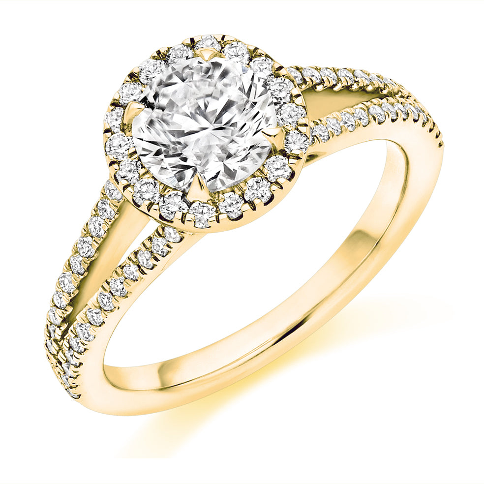 Curved-Shoulder Halo Round Brilliant Engagement Ring, 1.0ct in Yellow Gold