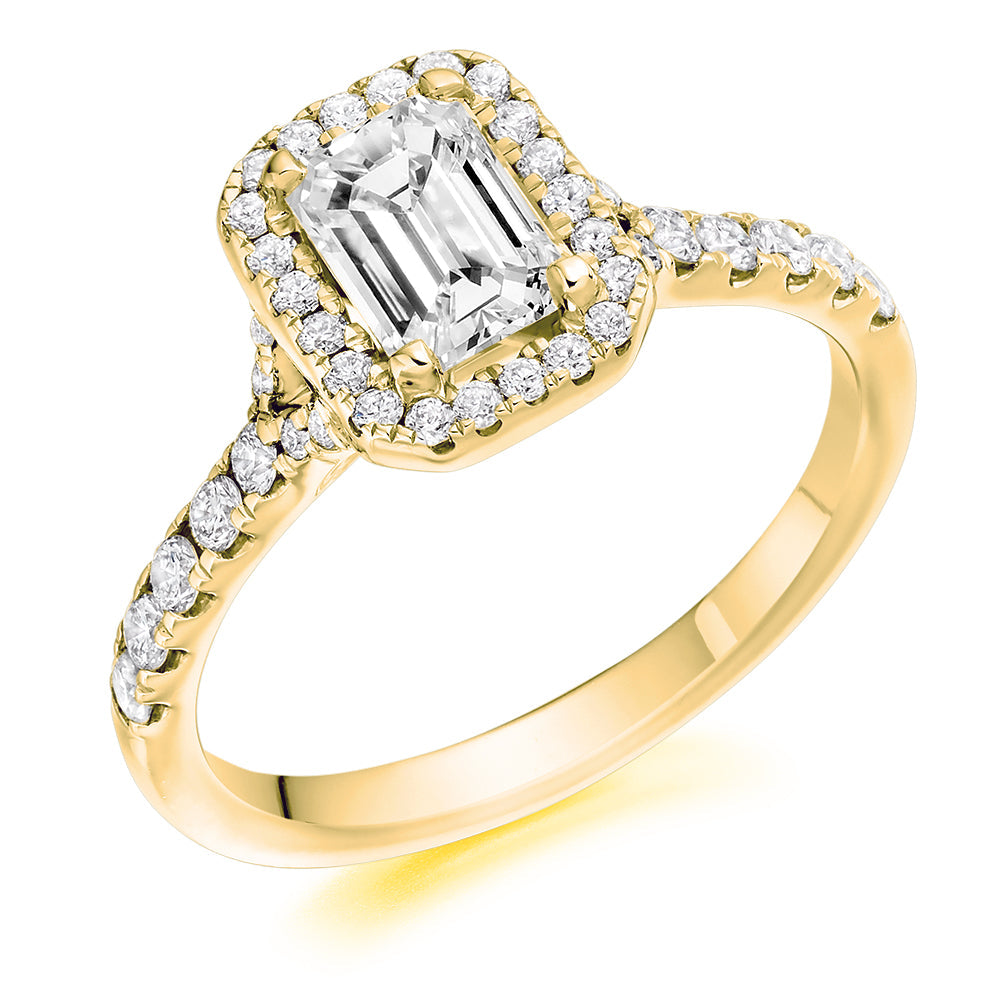 Halo with Diamond Shoulders Emerald Cut Engagement Ring in Yellow Gold