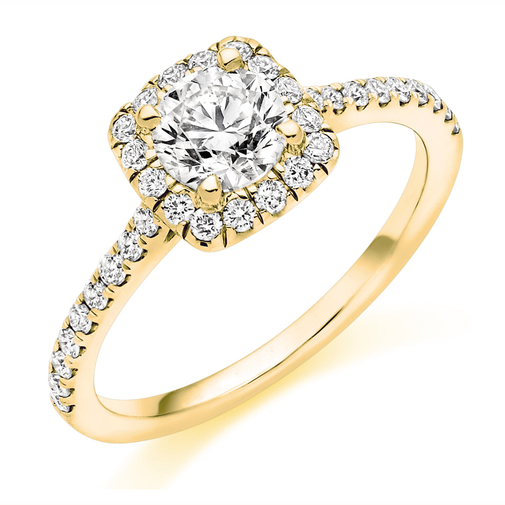 Pavé-Shoulder Halo Round-Brilliant Engagement Ring, 0.75ct (ENG5416 SMT) in Yellow Gold