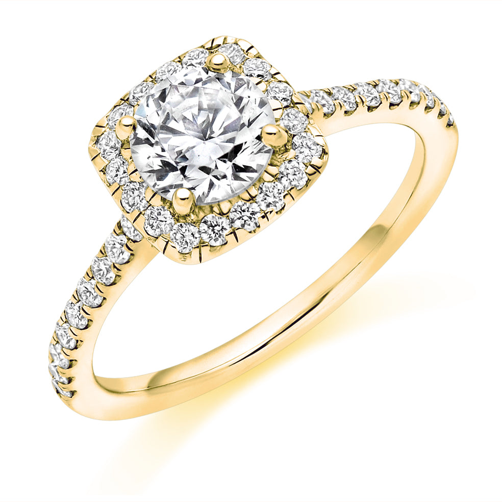Pavé-Shoulder Halo Round-Brilliant Engagement Ring, 0.9ct (ENG5417 SMT) in Yellow Gold