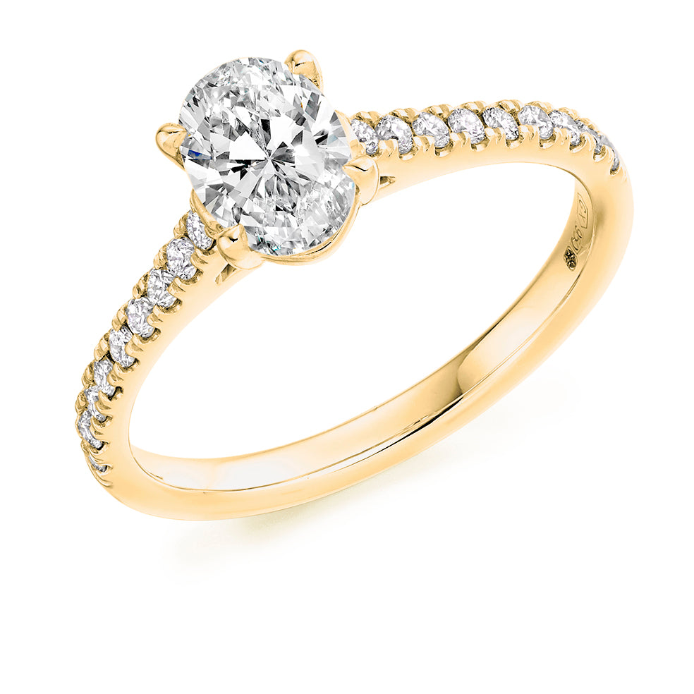 Solitaire with Diamond Shoulders Oval Cut Engagement Ring, 0.75ct in Yellow Gold