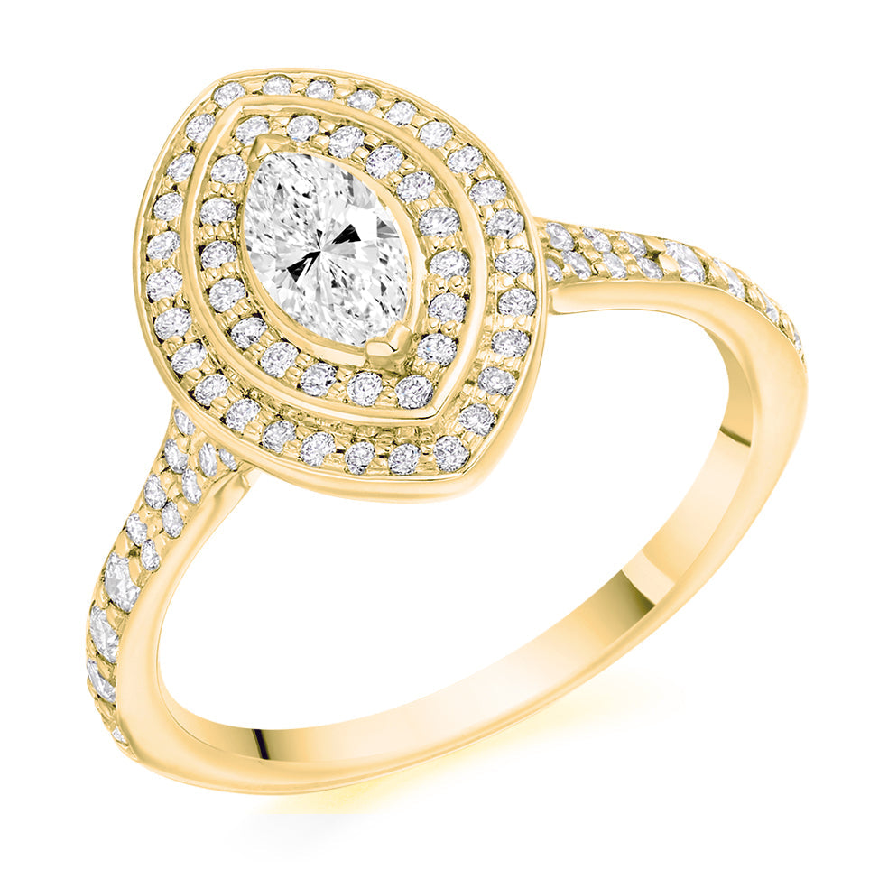 Double-Halo Split-Shoulder Marquise-Cut Engagement Ring, 0.33ct in Yellow Gold