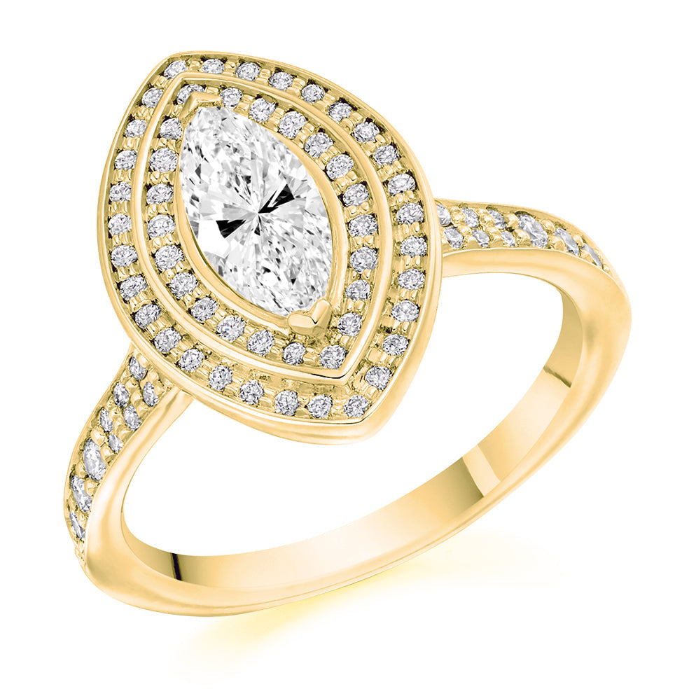 Double-Halo Split-Shoulder Marquise-Cut Engagement Ring, 0.75ct in Yellow Gold
