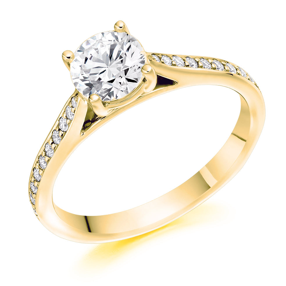 Pavé-Shouldered Solitaire Round Brilliant Engagement Ring 0.9ct total in Yellow Gold