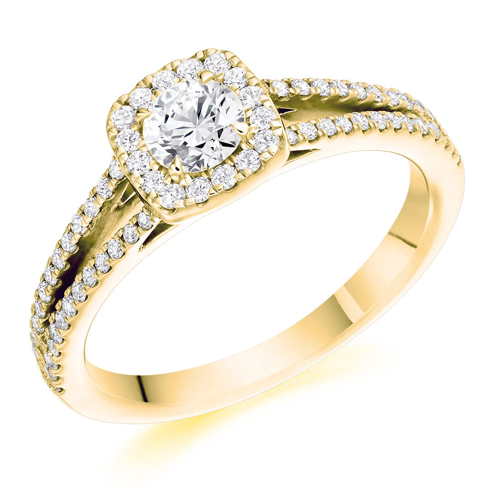 Halo with Split Shoulders Round Brilliant Engagement Ring 0.68ct in Yellow Gold