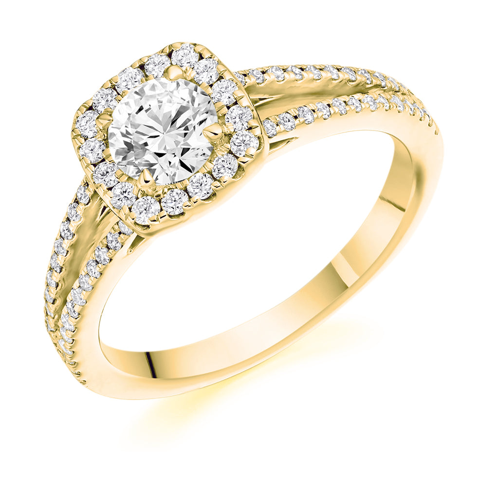 Split-Shoulder Halo Round Brilliant Engagement Ring 0.95ct in Yellow Gold