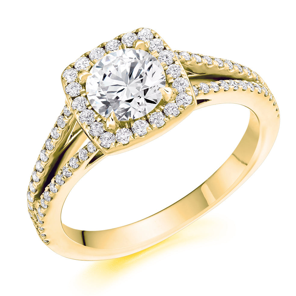 Halo with Split Shoulders Round Brilliant Engagement Ring, 0.9ct in Yellow Gold