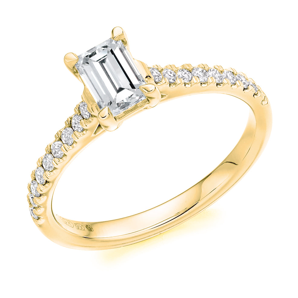 Diamond-Shouldered Solitaire Emerald Cut Engagement Ring, 0.75ct in Yellow Gold