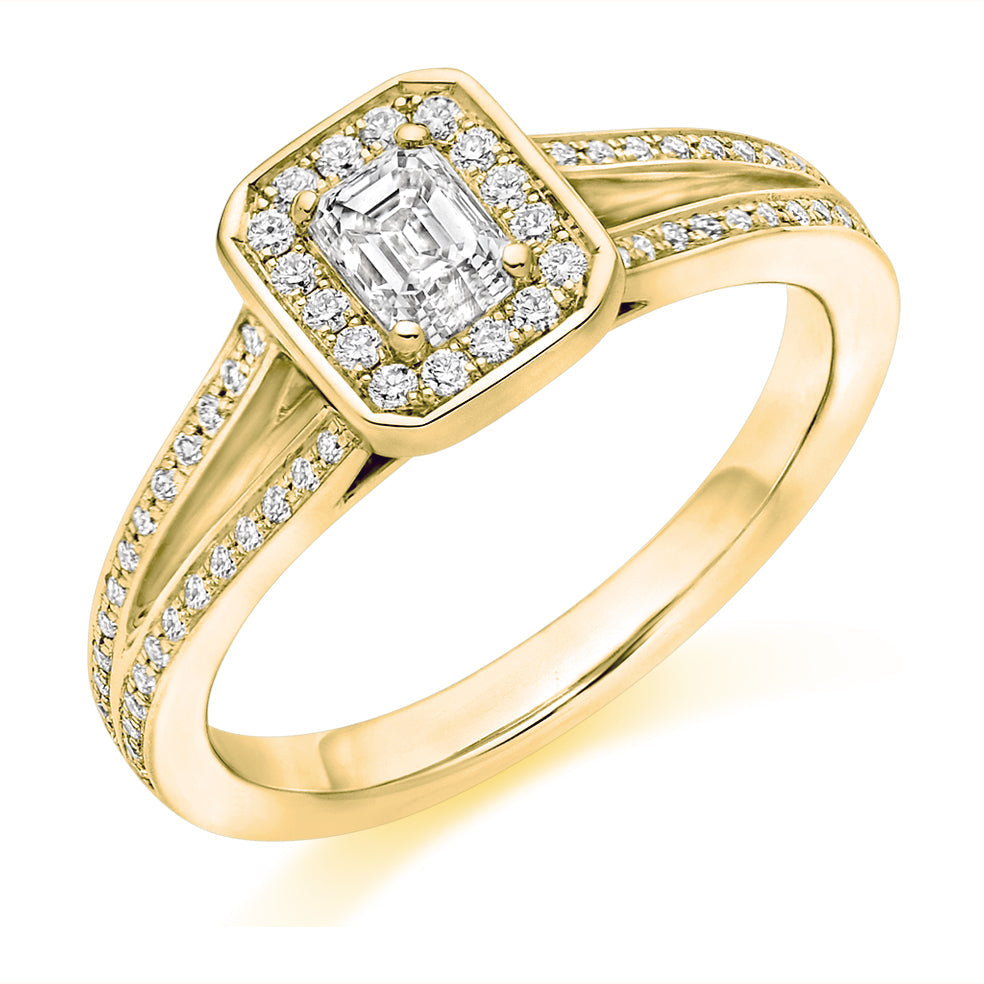 Split-Shoulder Halo Emerald Cut Engagement Ring, 0.33ct in Yellow Gold