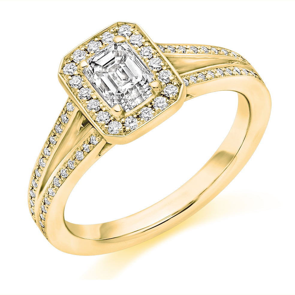 Curved-Shoulder Halo Emerald Cut Engagement Ring, 0.5ct in Yellow Gold