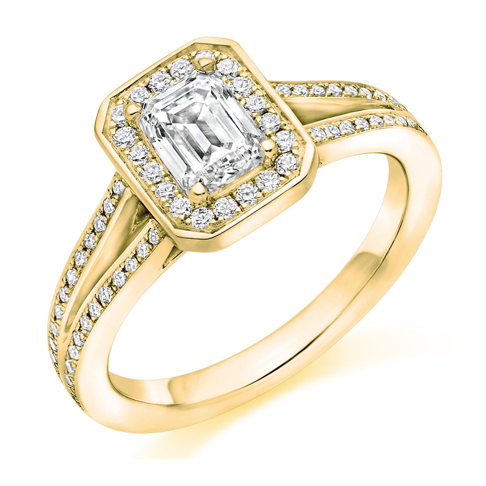 Halo with Split Shoulders Emerald Cut Engagement Ring in Yellow Gold