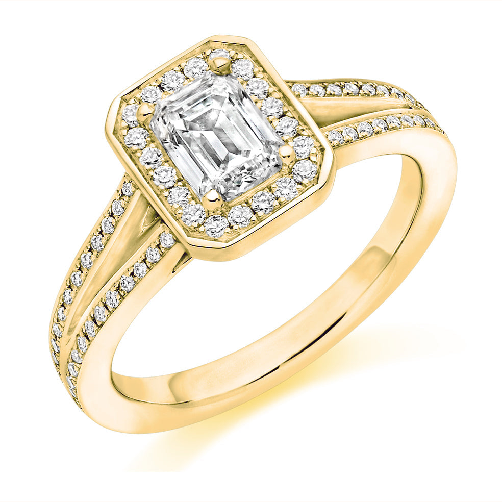 Split-Shoulder Halo Emerald Cut Engagement Ring in Yellow Gold