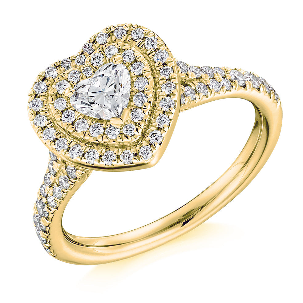 Double-Halo Split-Shoulder Heart-Cut Engagement Ring, 0.33ct in Yellow Gold