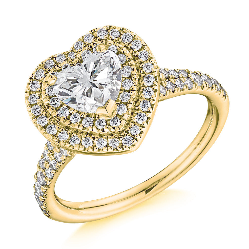 Double-Halo Split-Shoulder Heart-Cut Engagement Ring, 1.0ct in Yellow Gold