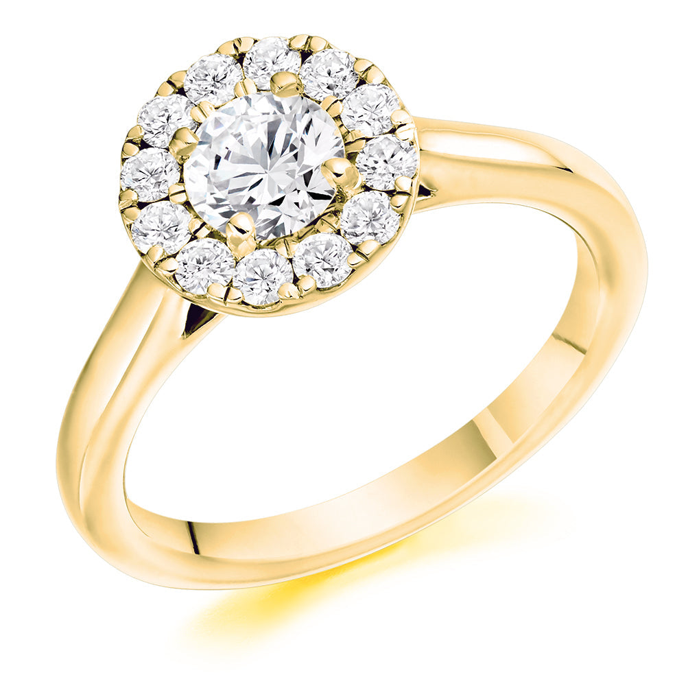 Halo Solitaire Round Brilliant Engagement Ring, 0.75ct in Yellow Gold