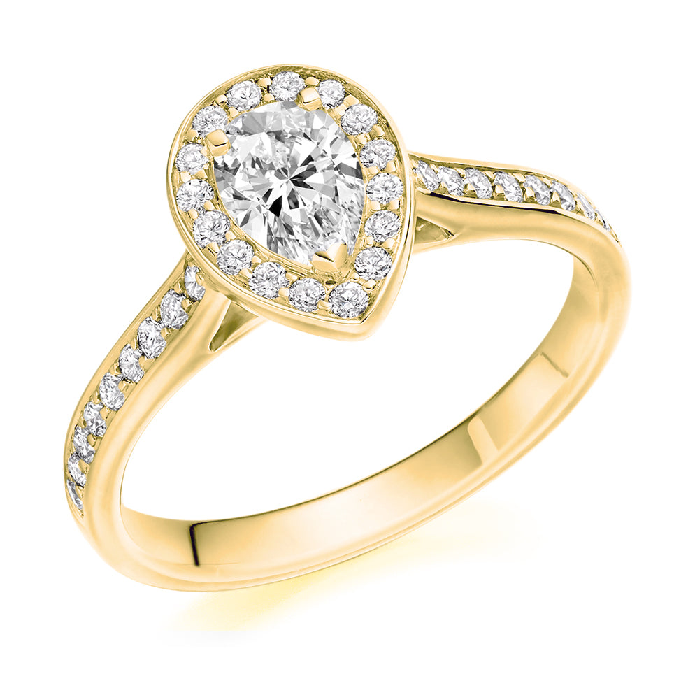 Pavé-Shoulder Halo Pear-Cut Engagement Ring, 0.33ct in Yellow Gold