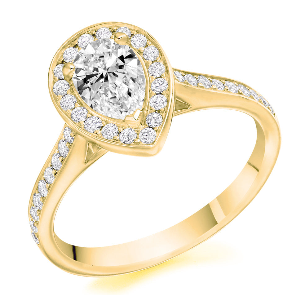 Pavé-Shoulder Halo Pear-Cut Engagement Ring, 0.75ct in Yellow Gold