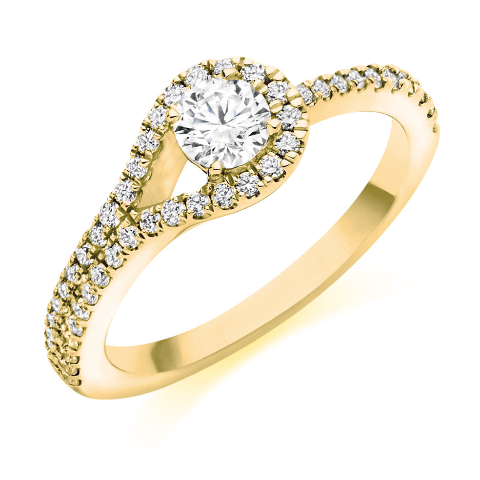 Curved-Shoulder Halo Round Brilliant Engagement Ring, 0.33ct in Yellow Gold