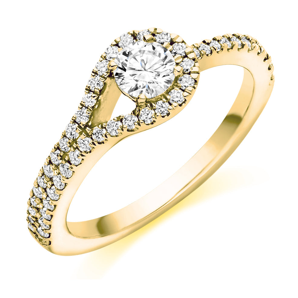 Split-Shoulder Halo Round Brilliant Engagement Ring in Yellow Gold