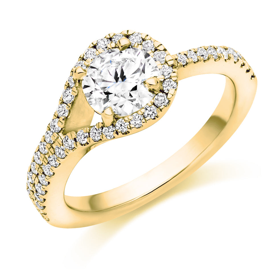 Curved-Shoulder Halo Round Brilliant Engagement Ring, 0.75ct in Yellow Gold