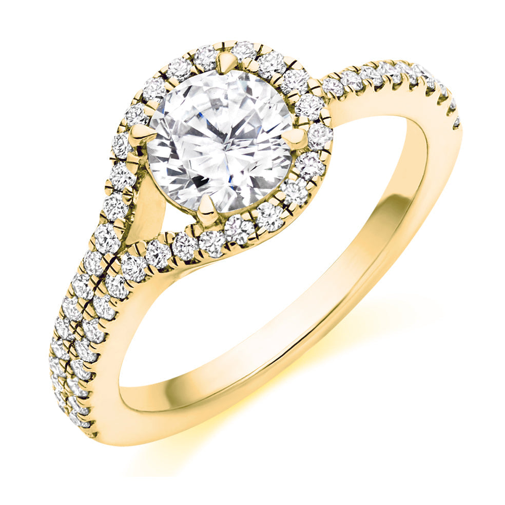 Halo with Split Shoulders Round Brilliant Engagement Ring, 1.0ct in Yellow Gold