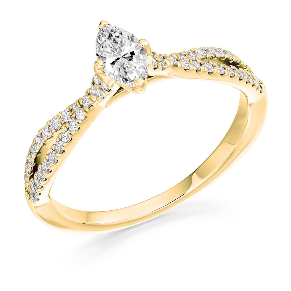 Solitaire with Split Shoulders Marquise Cut Engagement Ring in Yellow Gold