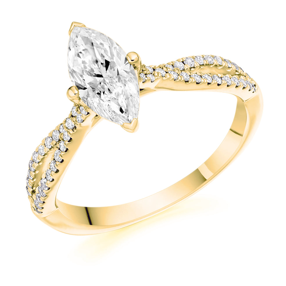 Solitaire with Split Shoulders Marquise Cut Engagement Ring, 1.0ct in Yellow Gold