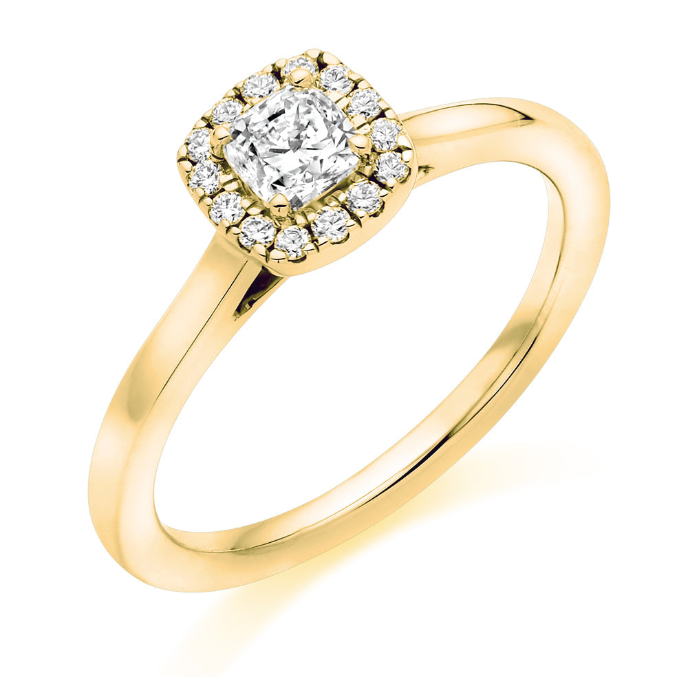 Plain-Shoulder Halo Cushion-Cut Engagement Ring, 0.33ct in Yellow Gold