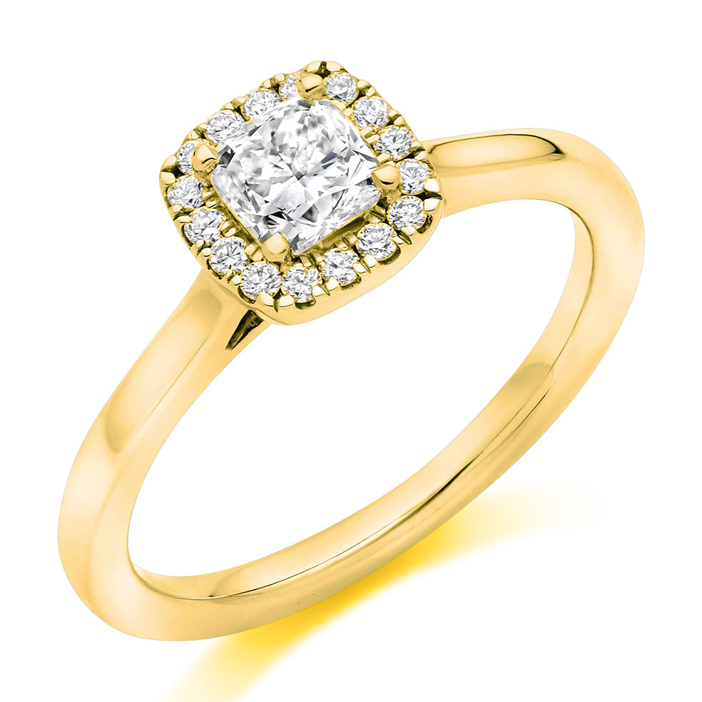 Plain-Shoulder Halo Cushion-Cut Engagement Ring, 0.5ct in Yellow Gold