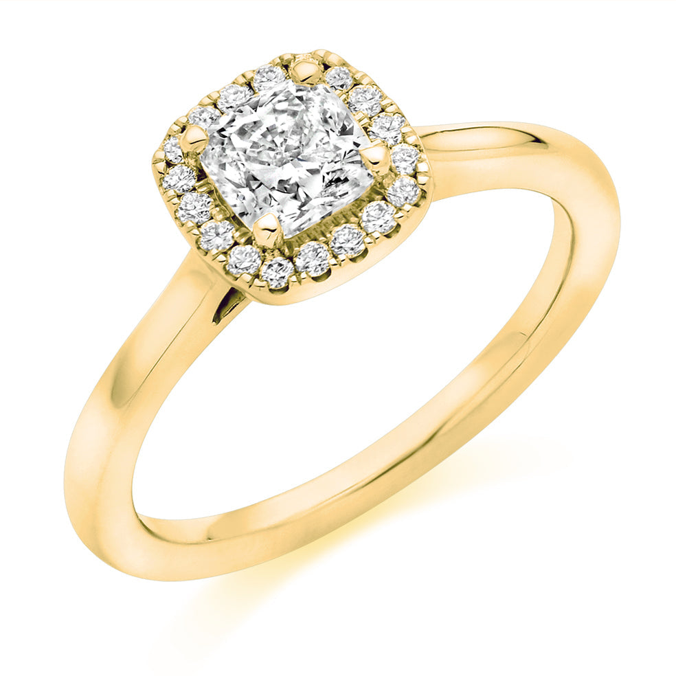 Plain-Shoulder Halo Cushion-Cut Engagement Ring, 0.75ct in Yellow Gold