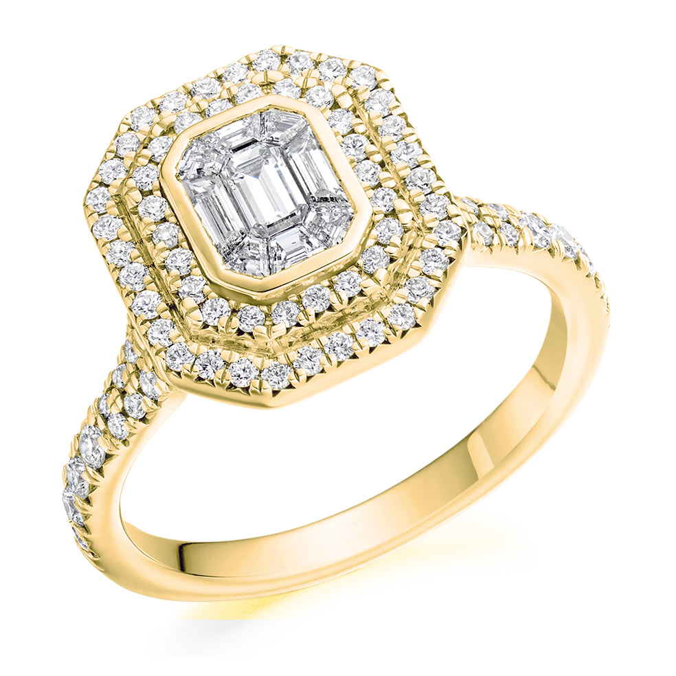 Split-Shoulder Invisible-Set Halo Emerald-Cut Engagement Ring, 0.4ct (ENG6192) in Yellow Gold