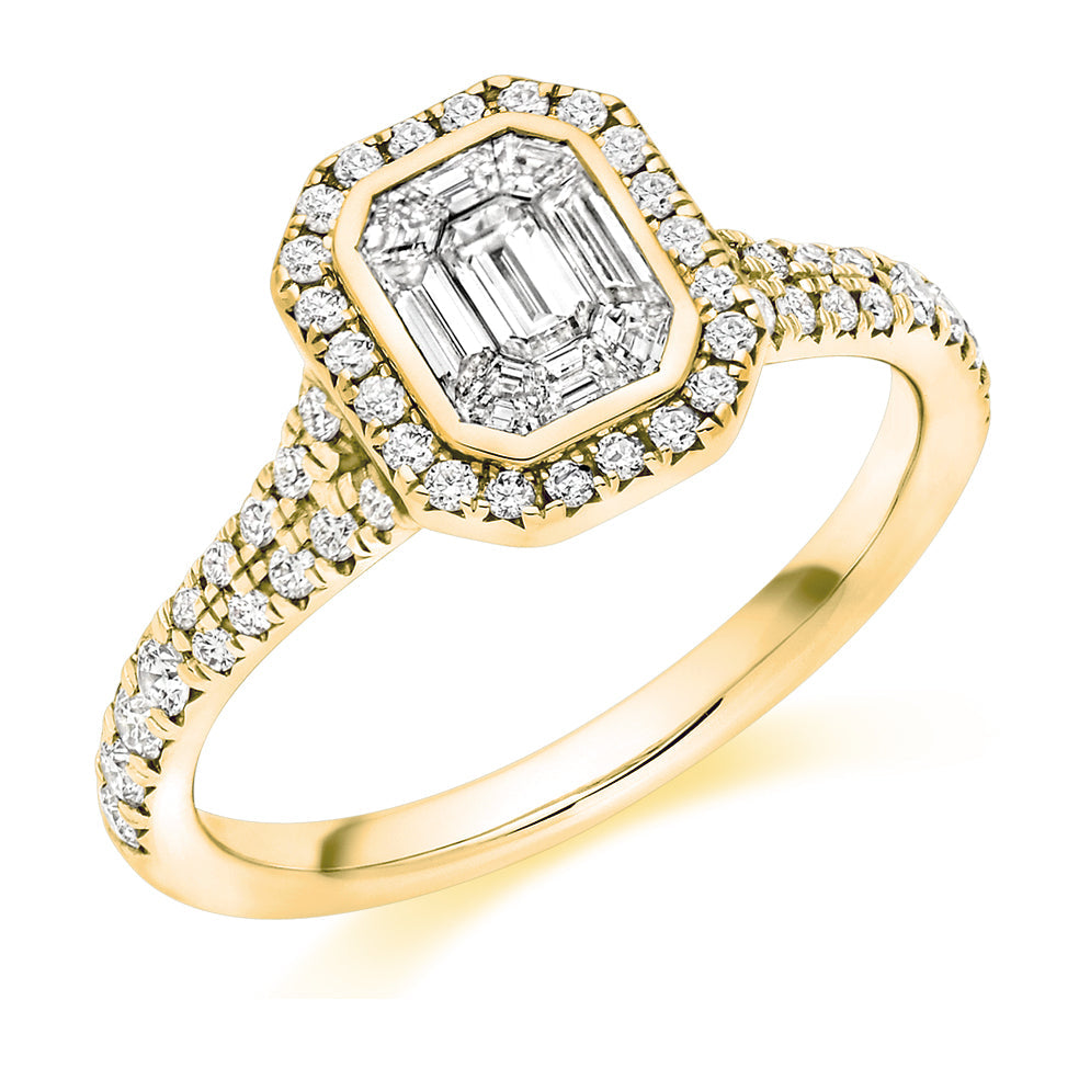 Split-Shoulder Invisible-Set Halo Emerald-Cut Engagement Ring, 0.4ct (ENG6196) in Yellow Gold
