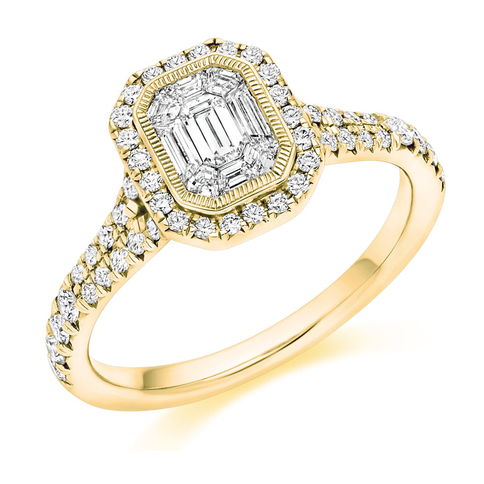 Split-Shoulder Invisible-Set Halo Emerald-Cut Engagement Ring, 0.4ct in Yellow Gold