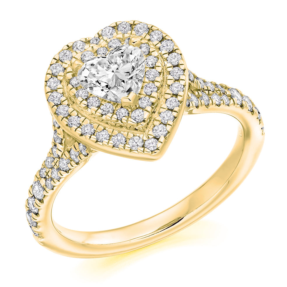 Double-Halo Split-Shoulder Heart-Cut Engagement Ring, 0.5ct in Yellow Gold