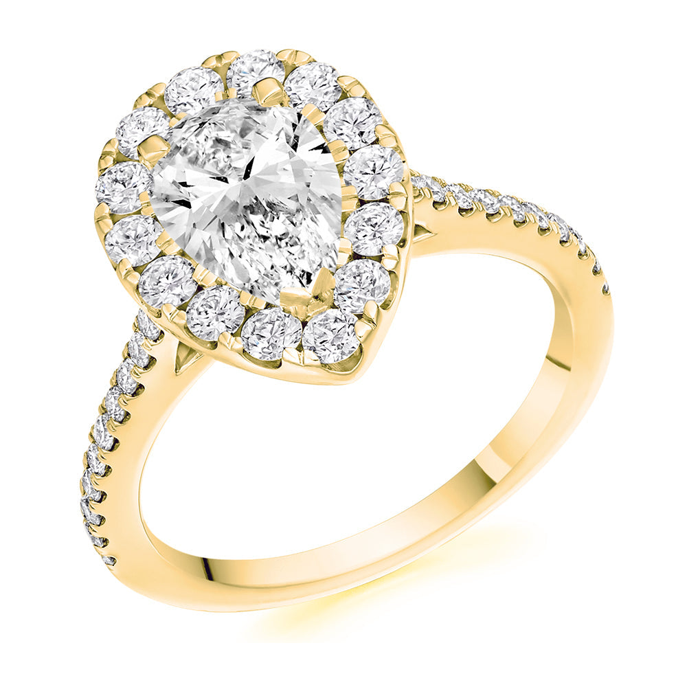 Halo with Diamond Set Shoulders Pear Cut Engagement Ring, 1.00ct in Yellow Gold