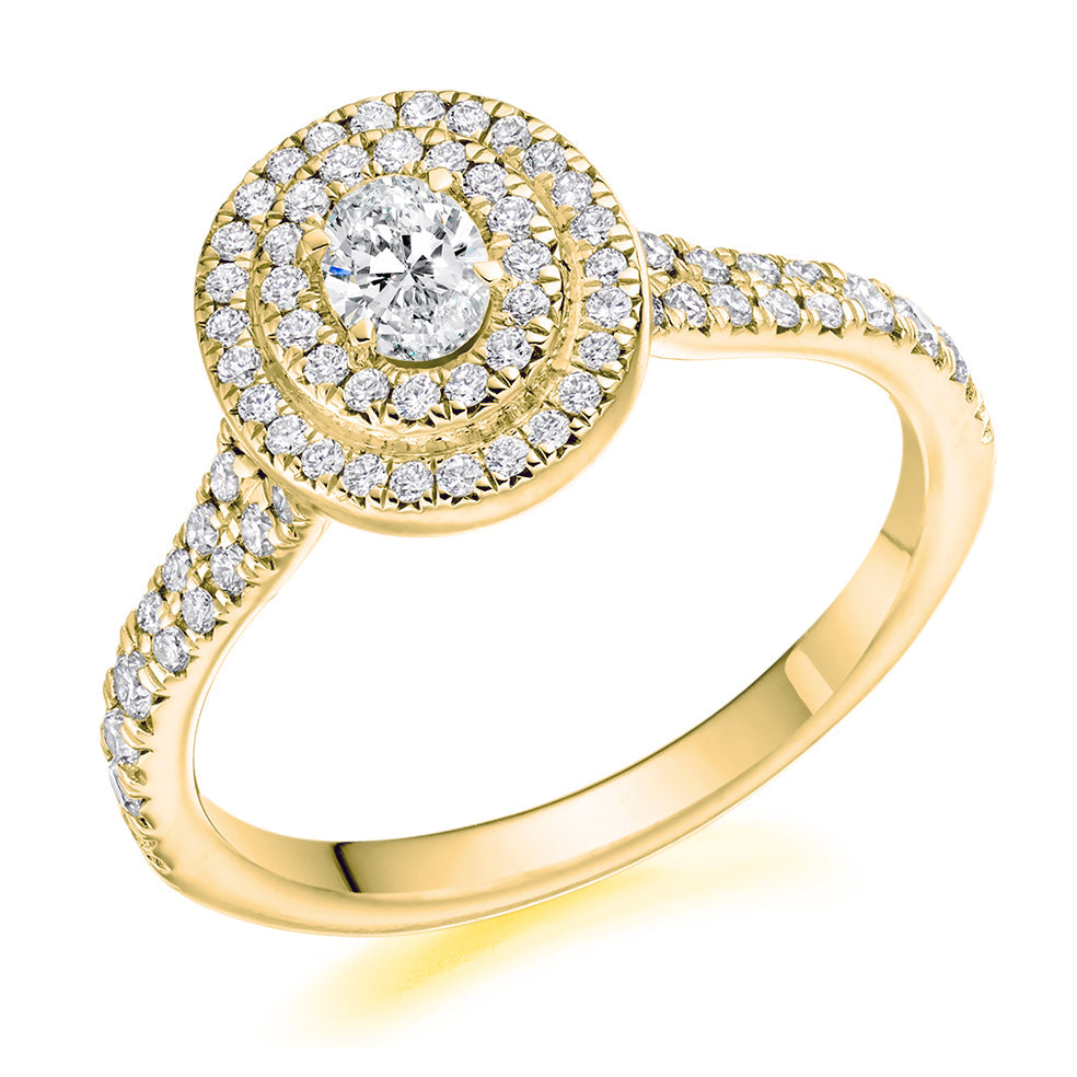 Halo with Diamond Set Shoulders Oval Cut Engagement Ring, 0.25ct in Yellow Gold