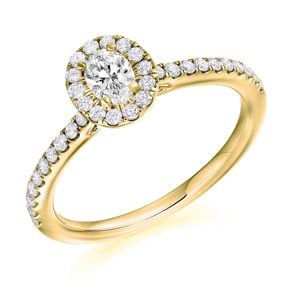 Halo with Diamond Set Shoulders Oval Cut Engagement Ring, 0.25ct in Yellow Gold