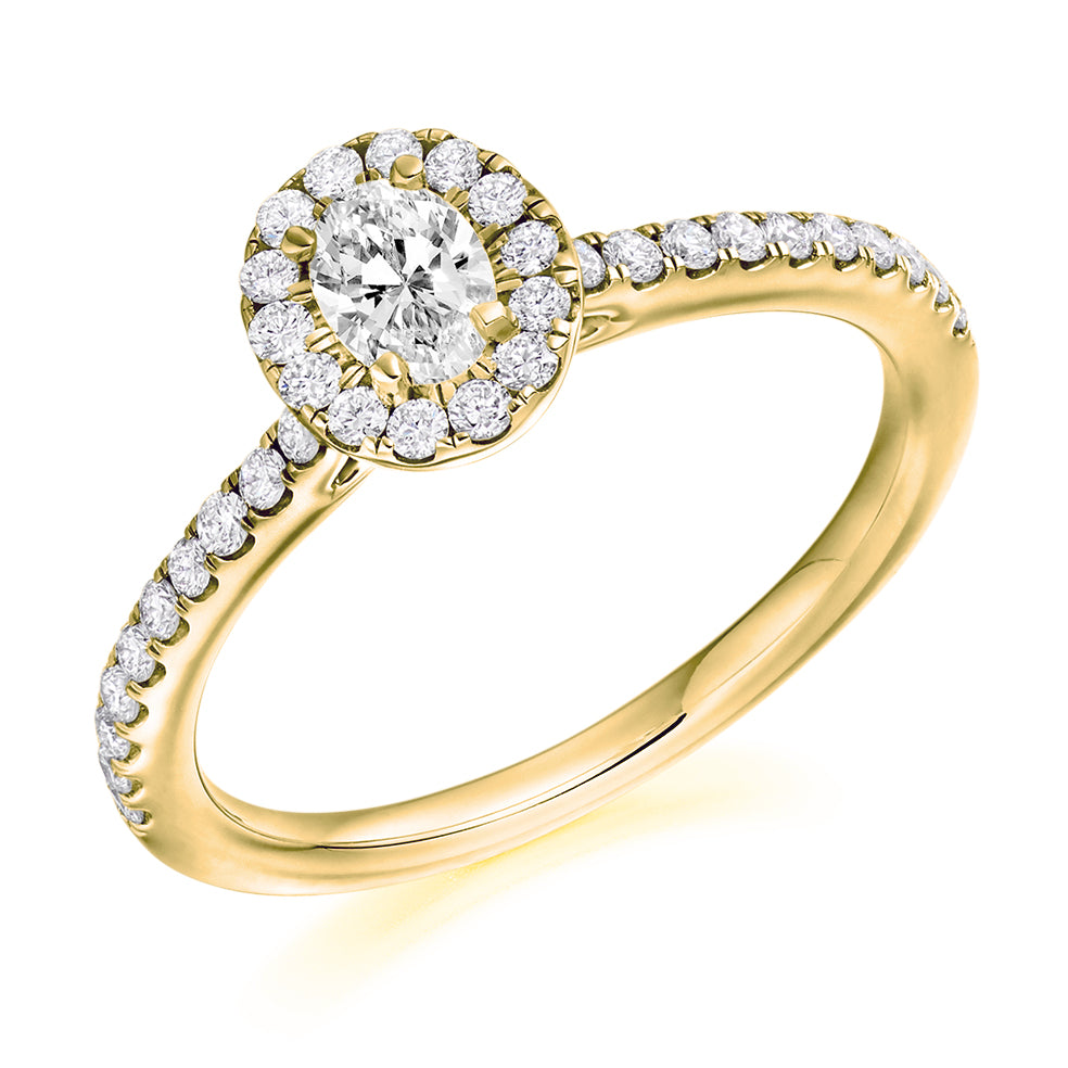 Halo with Diamond Set Shoulders Oval Cut Engagement Ring, 0.25ct in Yellow Gold