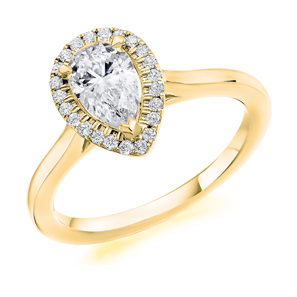 Halo with Plain Shoulders Pear Cut Engagement Ring, 0.90ct in Yellow Gold