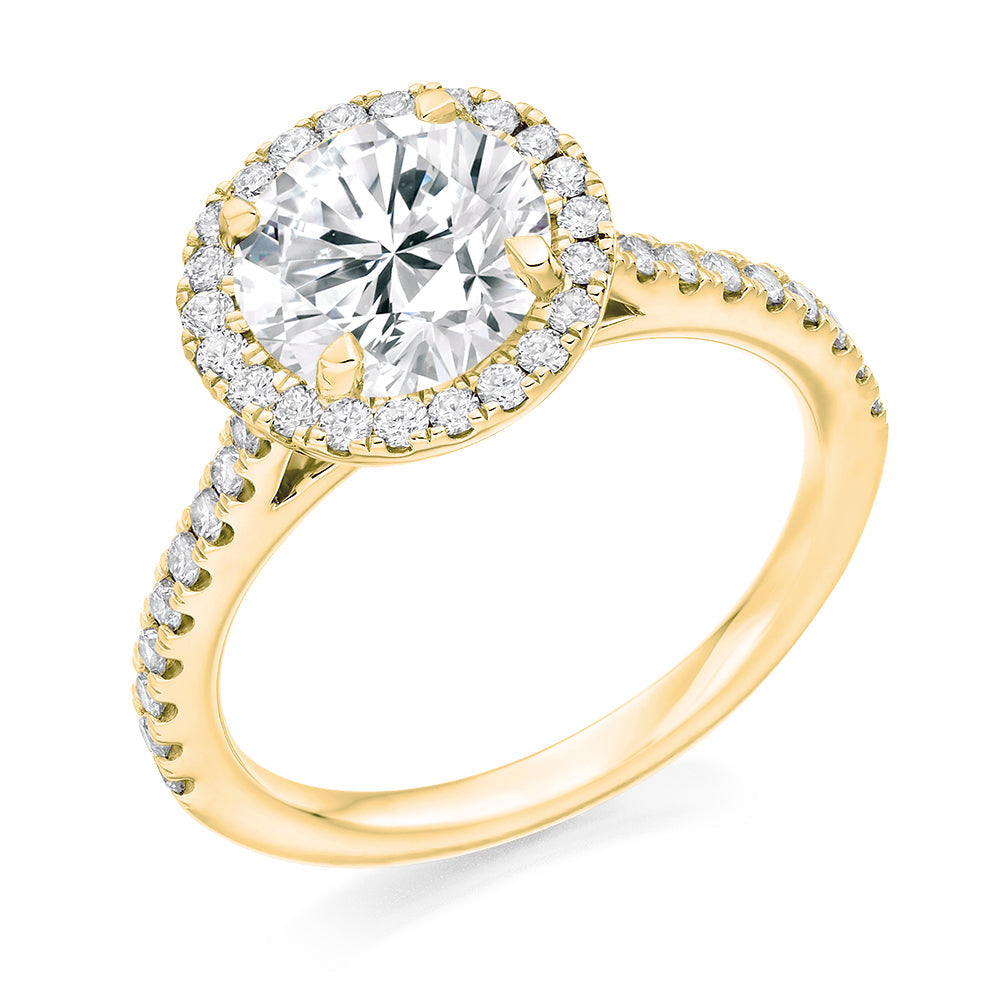 Halo with Diamond Set Shoulders Round Brilliant Engagement Ring, 2.00ct in Yellow Gold